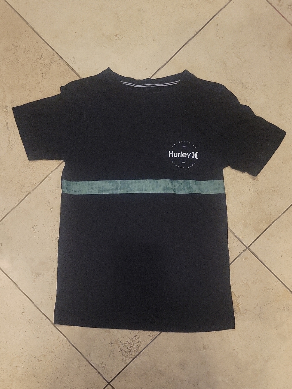 Hurley Black Tee with Teal Horizontal Stripe